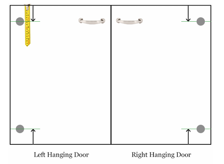 Hinge hole positions measured from the top and bottom edge on a left hanging and a right hanging door
