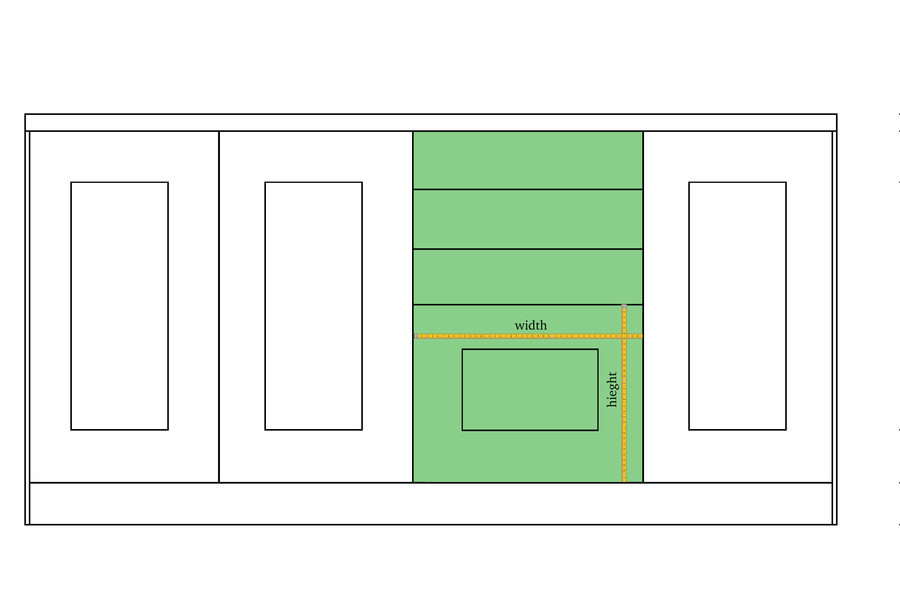 Drawing showing where to measure the height and width of a drawer front