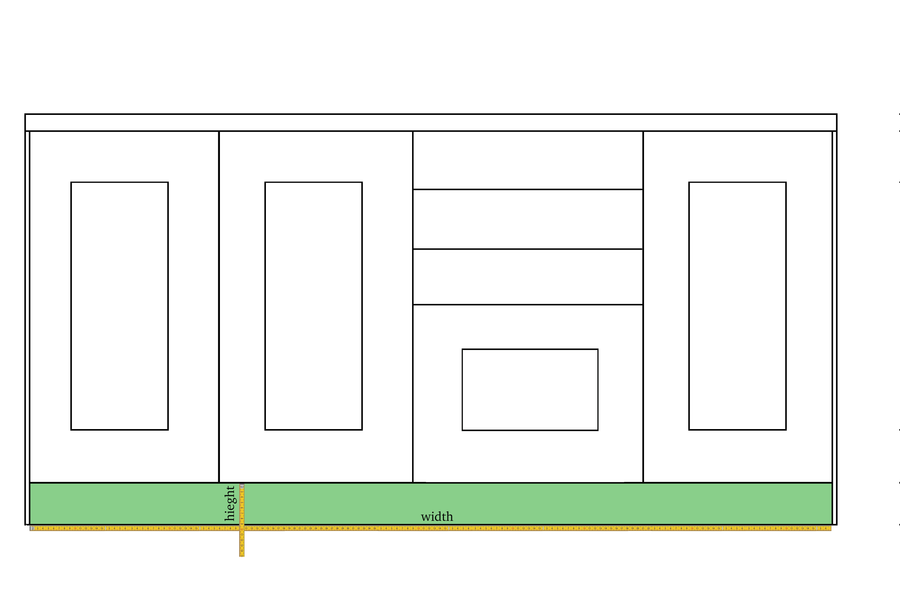 Drawing showing where to measure the height and width of the plinth under the units
