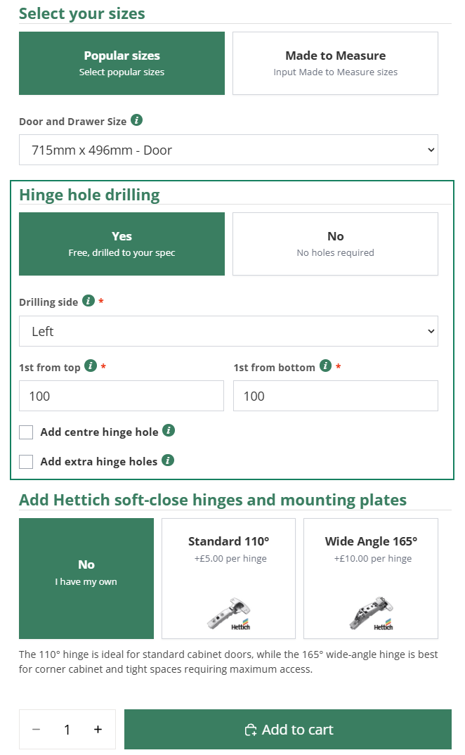 Order form with hinge hole drilling on Yes, drilling side Left, both hinge positions filled in and the Add centre hinge hole and Add extra hinge holes tick boxes