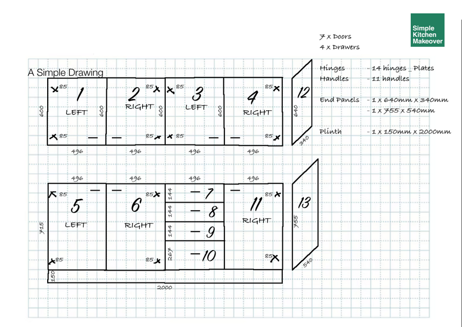 Hand-drawn kitchen plan with every door and drawer numbered, its size in millimetres and its hinge side