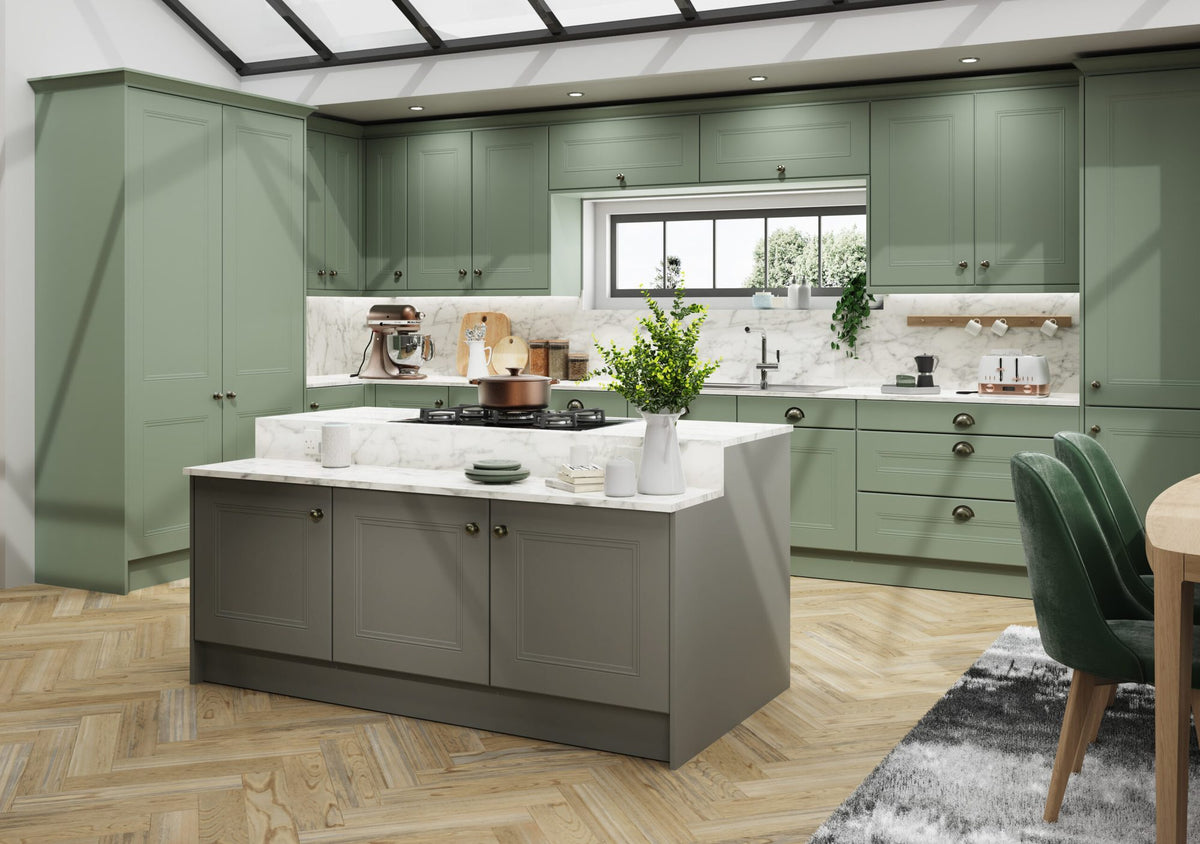 Kitchen with Buxton Supermatt Sage Green doors