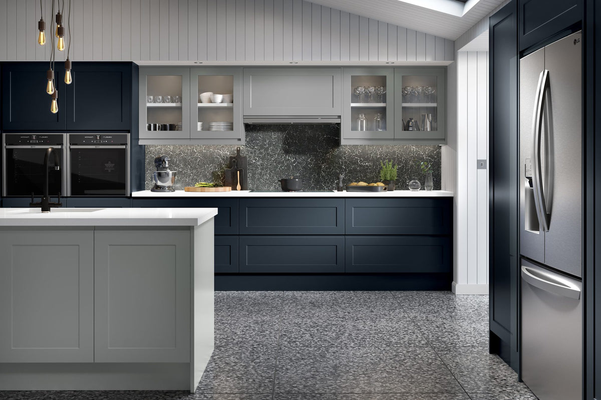 Kitchen with Elland Supermatt Indigo Blue and Dust Grey doors