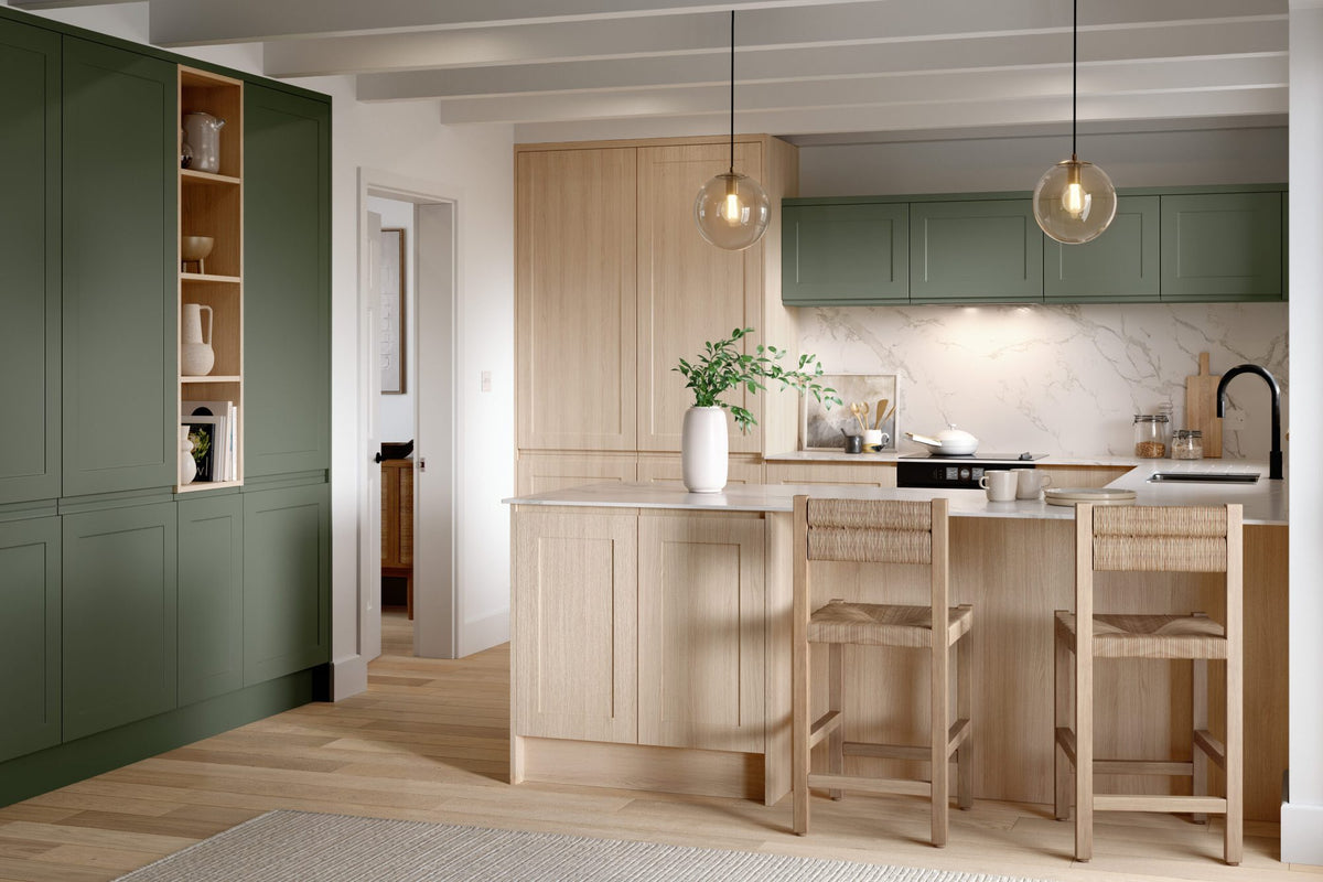 Kitchen with Elland Supermatt Smoke Green and Light Vicenza Oak doors