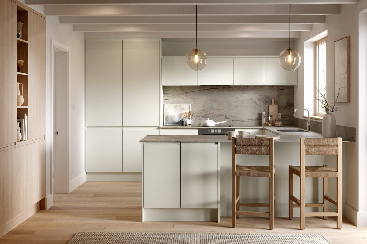 Kitchen with Knebworth Supermatt White Grey and Light Vicenza Oak doors