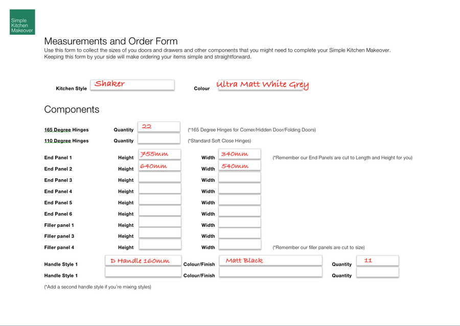 Example list with the kitchen style and colour, hinges, end panels, filler panels and handles