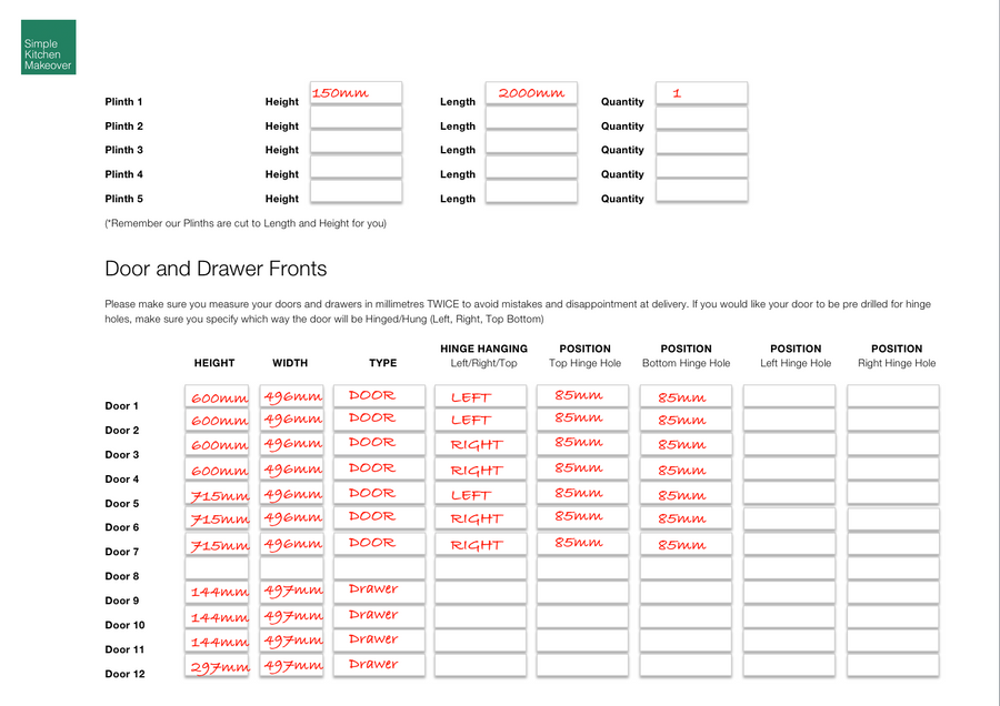 Example list with each door and drawer front's height, width, hinge side and hinge hole positions