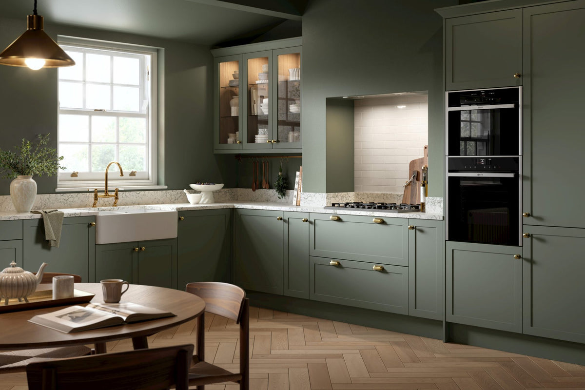 Kitchen with Oakham Supermatt Smoke Green doors