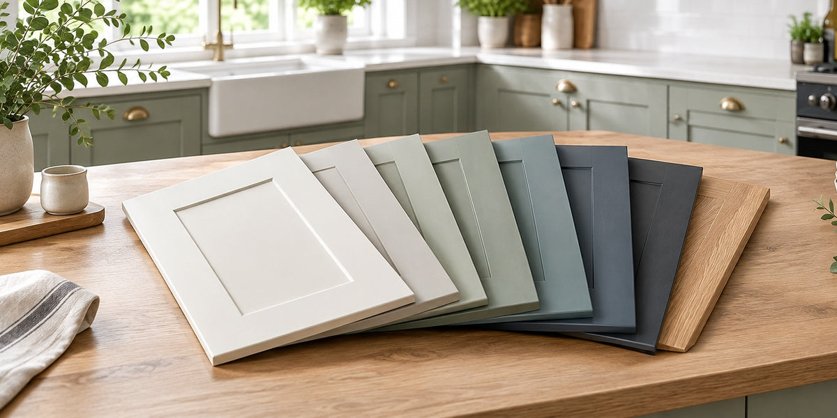 Sample doors in white, greys, greens, navy and oak fanned out on a kitchen worktop