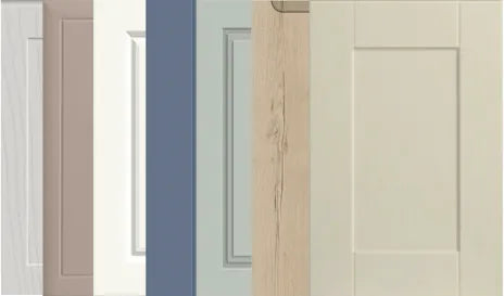 Sample doors in different styles and colours, side by side