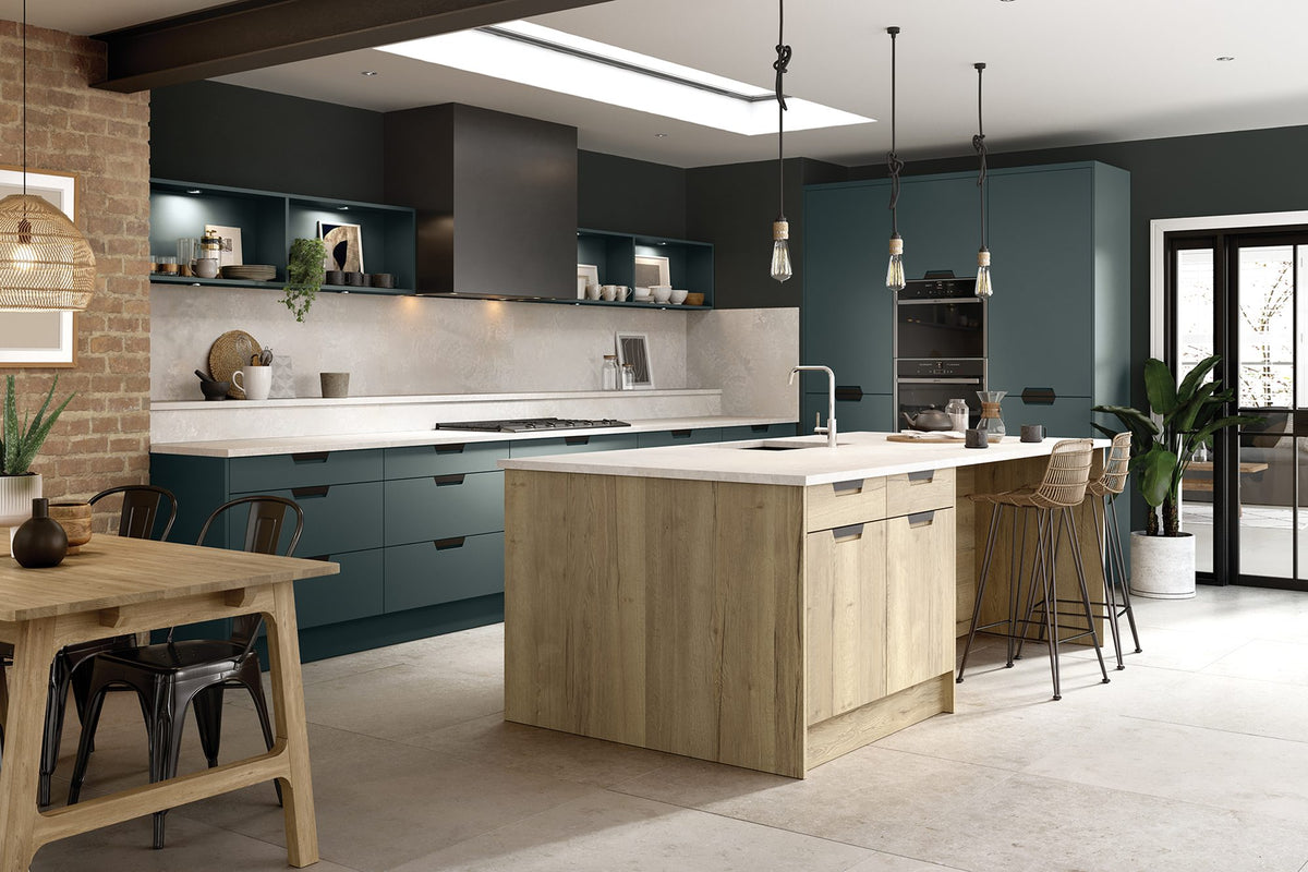 Kitchen with Segreto Supermatt Kombu Green and Halifax Natural Oak doors