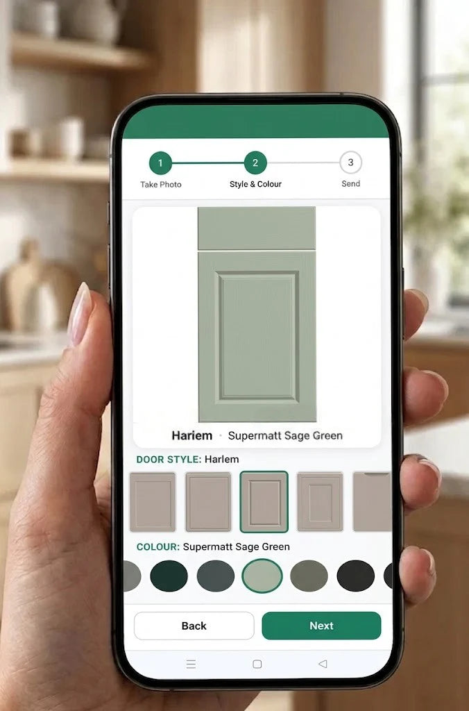 Person holding a smartphone with a style and colour selection app for kitchen cabinets.