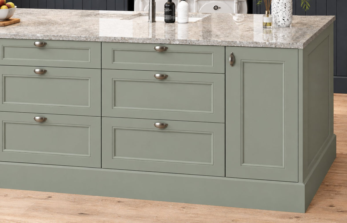 Kitchen island with Panel doors and drawer fronts in Sage Green