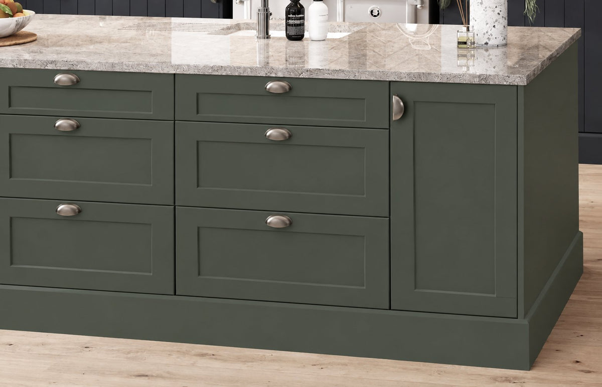 Kitchen island with Shaker doors and drawer fronts in Kombu Green