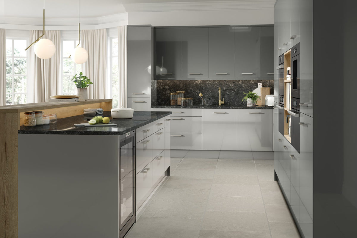 Kitchen with Venice High Gloss Light Grey and Dust Grey doors