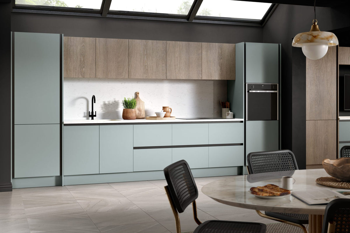 Kitchen with Venice Supermatt Duck Egg and Grey Vicenza Oak doors