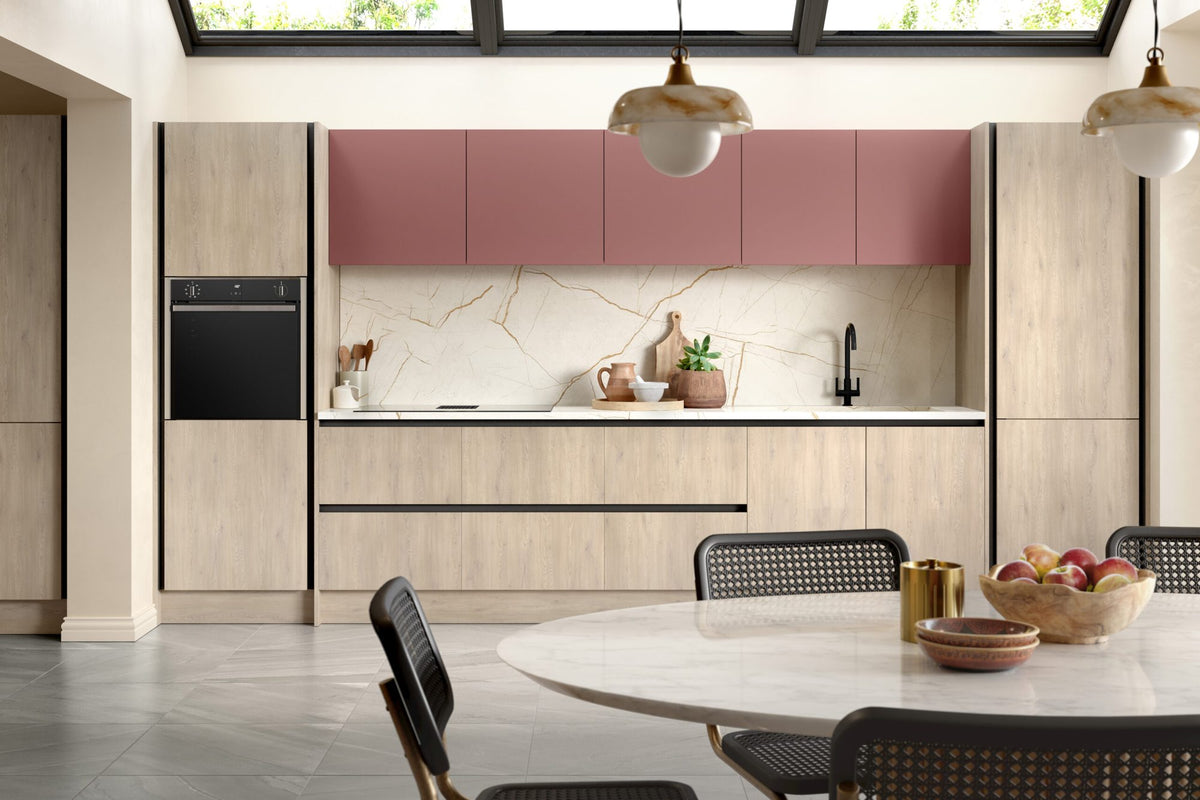 Kitchen with Venice Supermatt Rusty Red and Cremona Oak Cotta doors