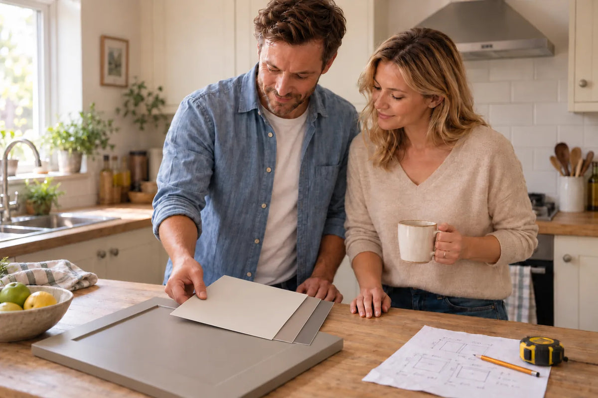 A couple in their kitchen comparing a sample door with colour swatches