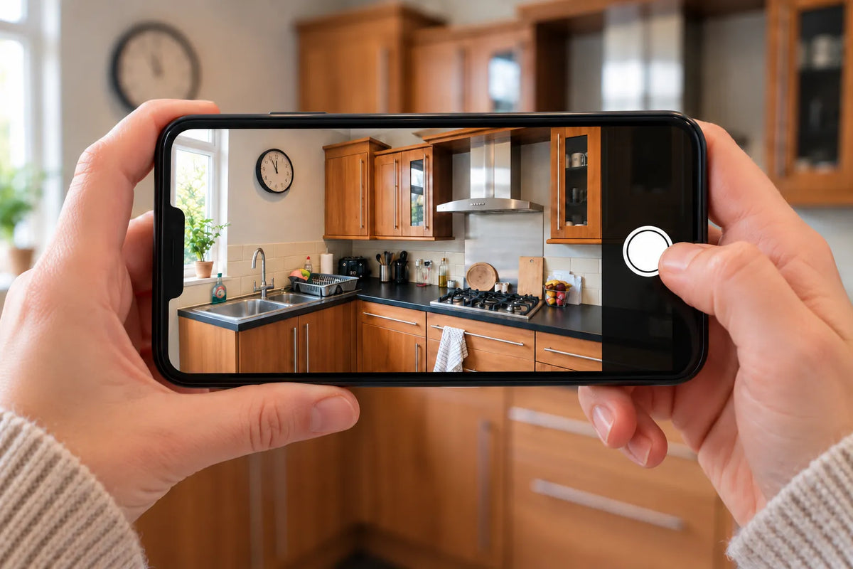 Taking a photo of a wood effect kitchen on a phone held sideways