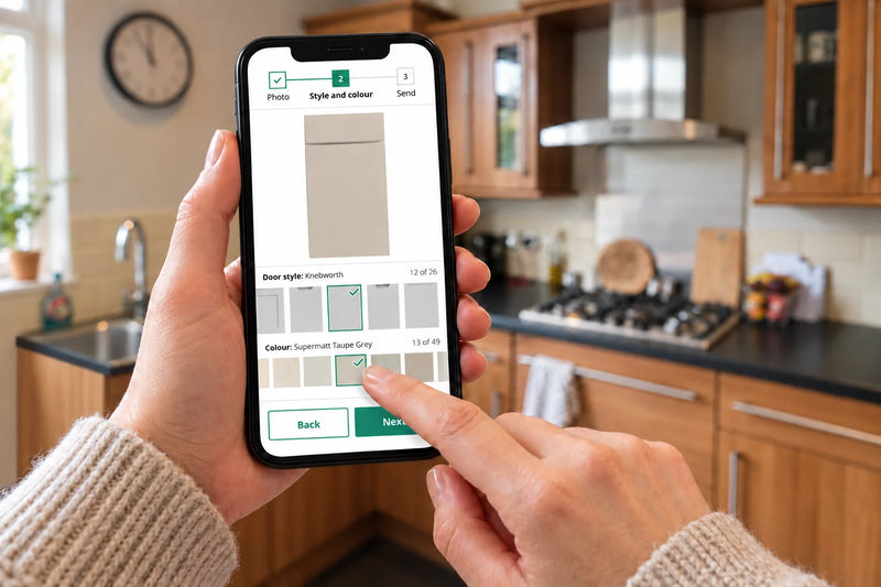 Choosing the Knebworth door in Supermatt Taupe Grey in the kitchen visualiser on a phone